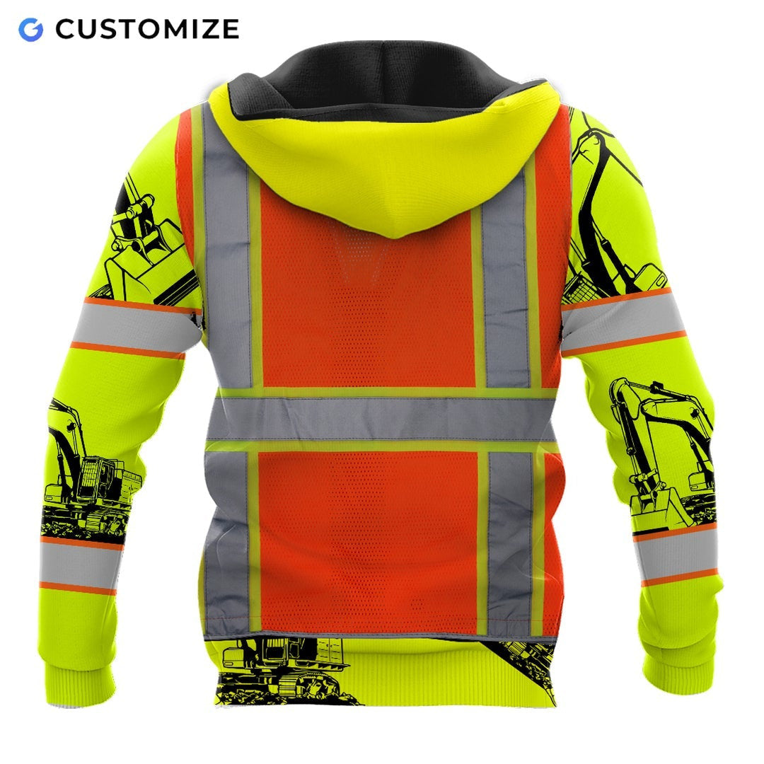 Personalized excavator operator hoodie featuring orange vest print excavator sleeves all-over print, back view