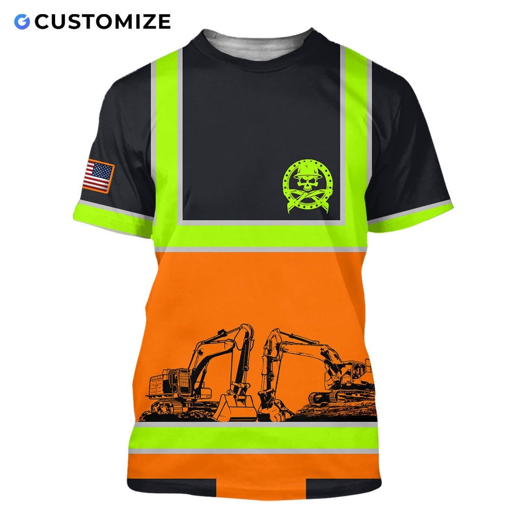 Personalized excavator operator t-shirt featuring black orange excavator stripe print all-over print, short-sleeve design