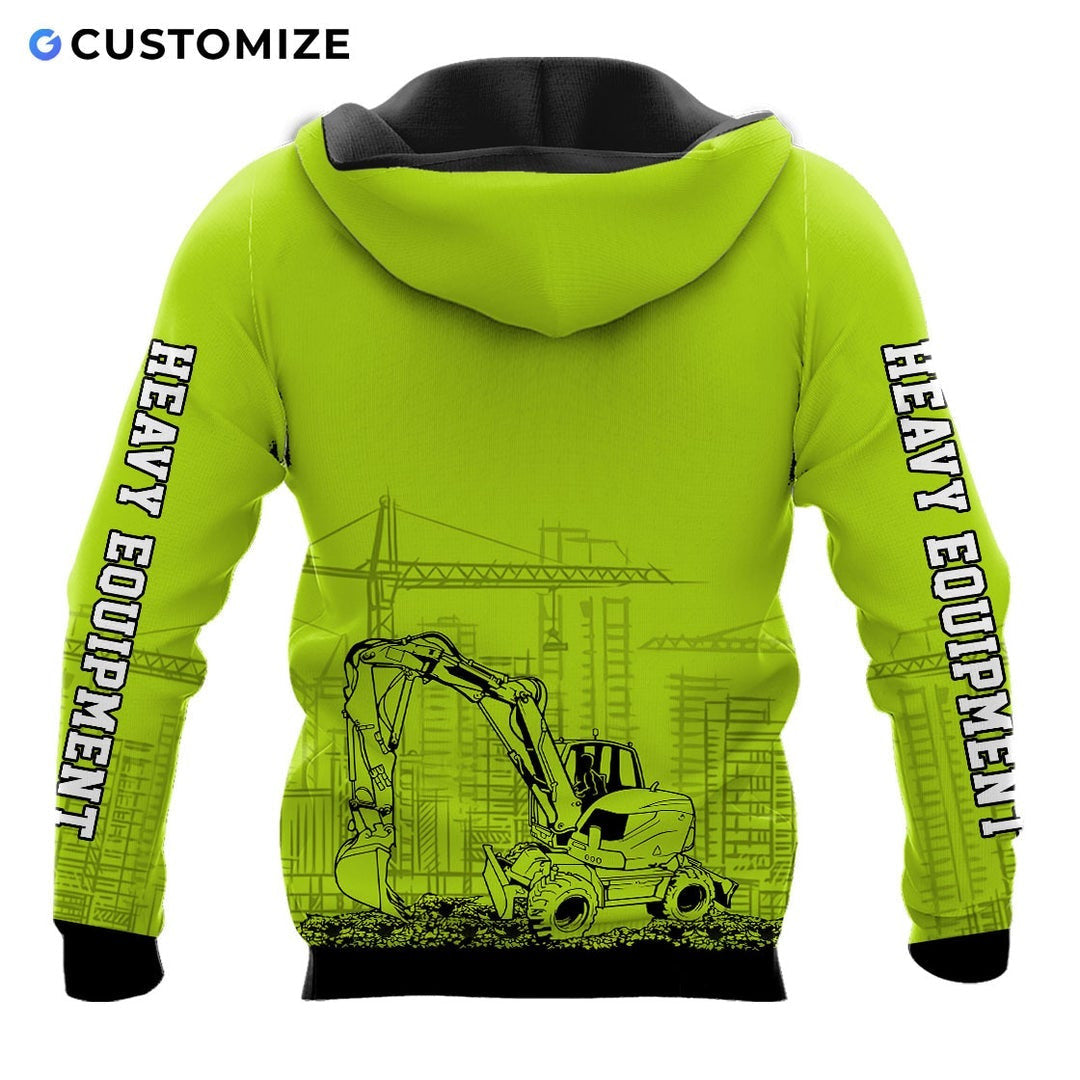 Personalized excavator operator hoodie featuring yellow number 01 excavator all-over print, back view
