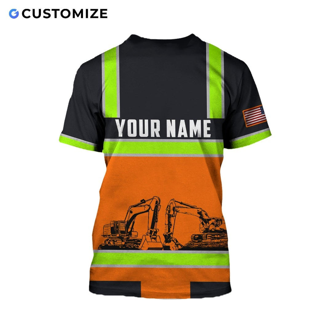 Personalized excavator operator t-shirt featuring black orange excavator stripe print all-over print, back view