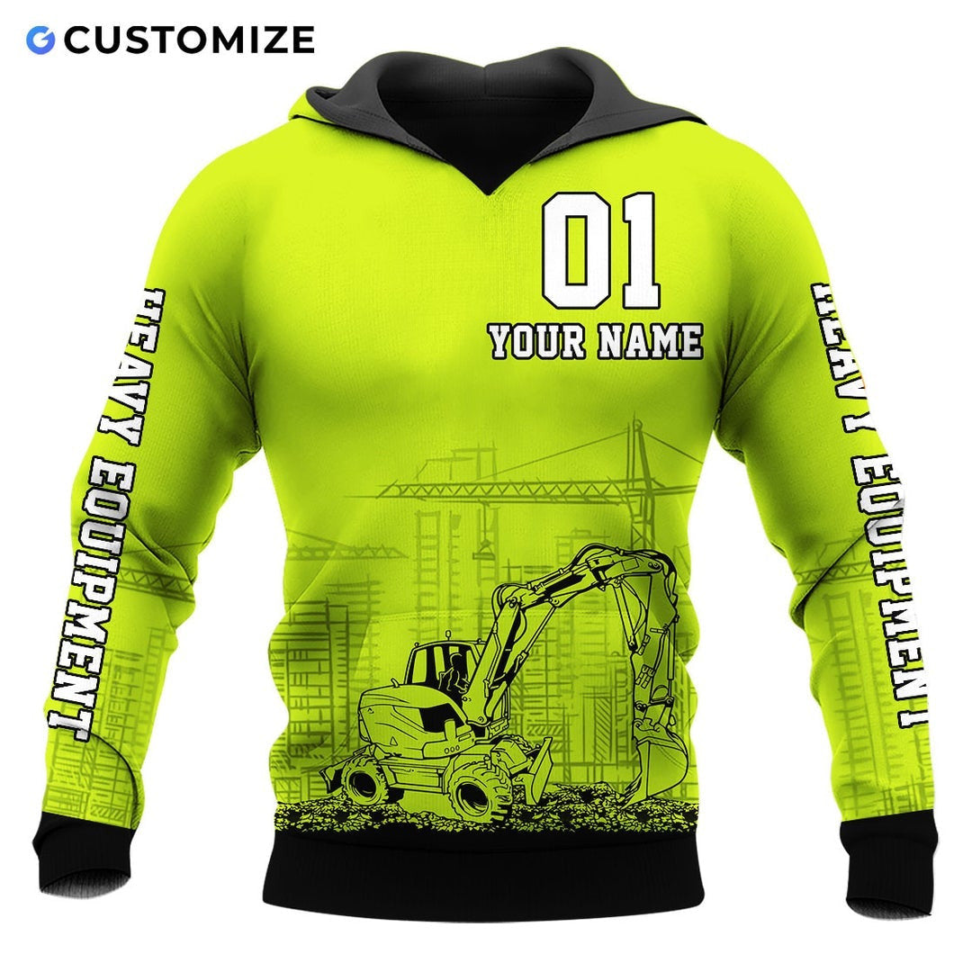 Personalized excavator operator hoodie featuring yellow number 01 excavator all-over print