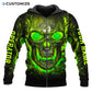 Personalized excavator operator zip hoodie featuring green skull print all-over print, zip-front design