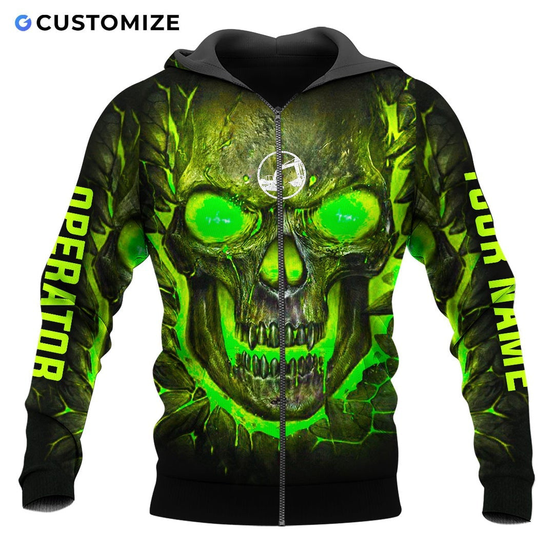 Personalized excavator operator zip hoodie featuring green skull print all-over print, zip-front design