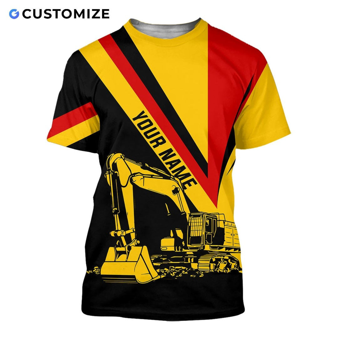 Personalized excavator operator t-shirt featuring yellow red black excavator all-over print, short-sleeve design