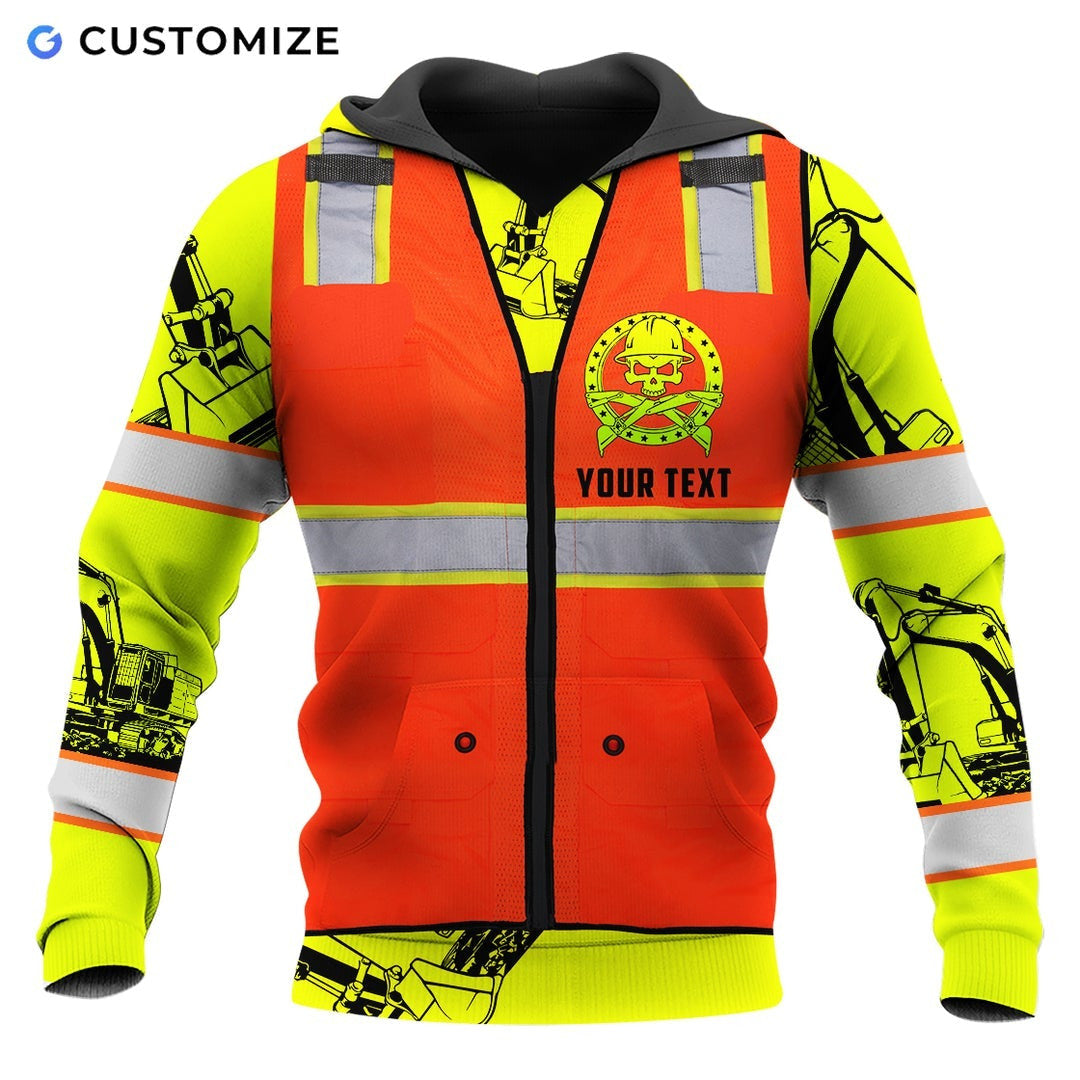 Personalized excavator operator hoodie featuring orange vest print excavator sleeves all-over print