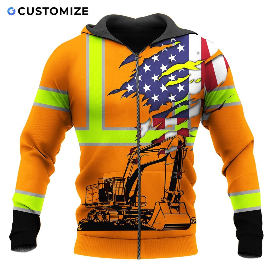 Personalized excavator operator zip hoodie featuring orange american flag excavator all-over print, zip-front design