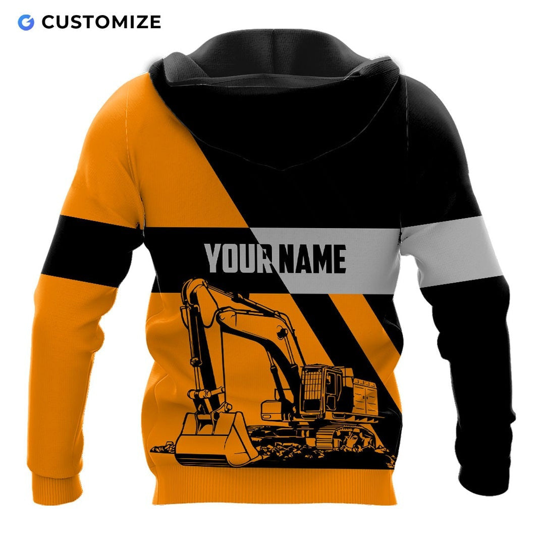 Personalized excavator operator hoodie featuring orange black white excavator stripes all-over print, back view
