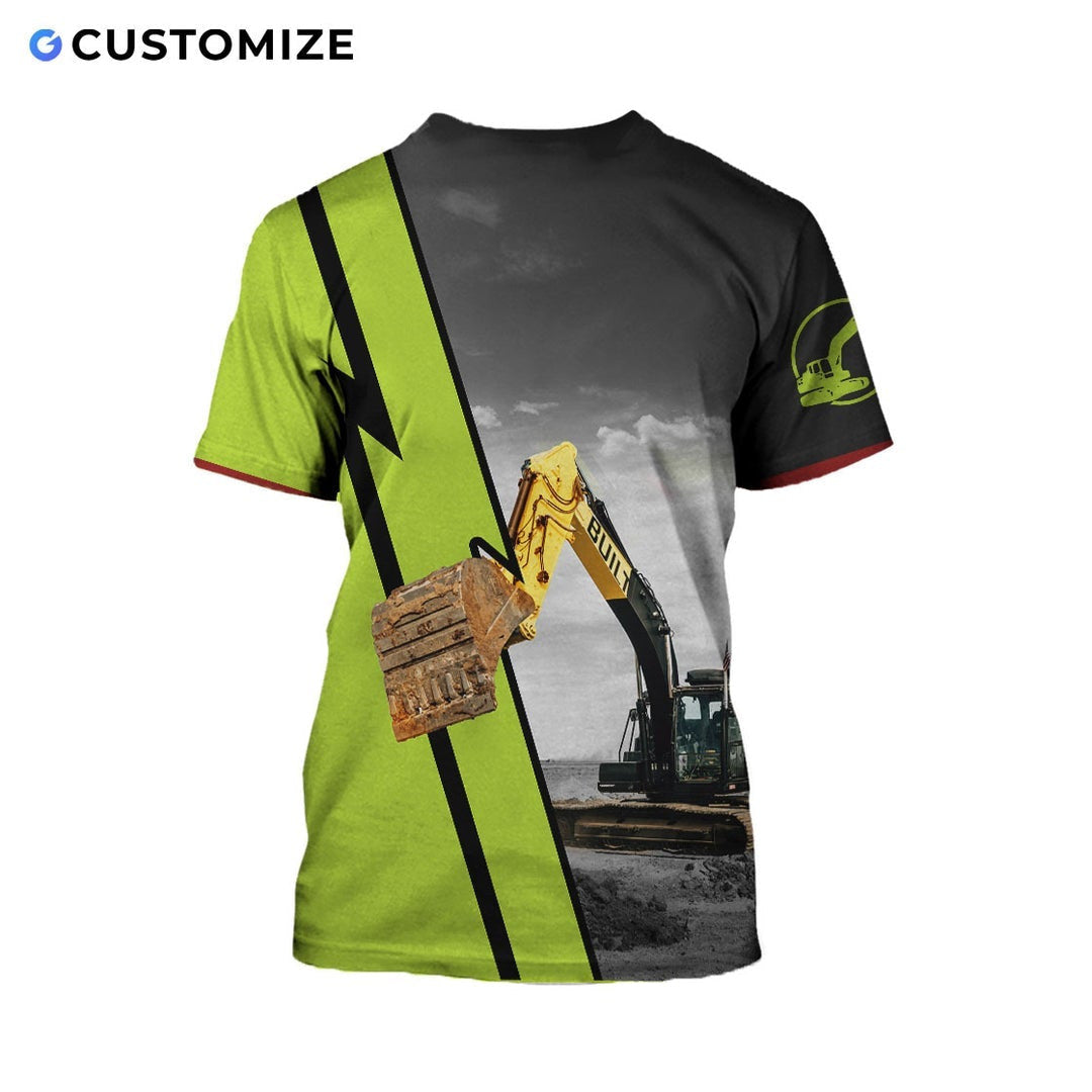 Personalized excavator operator t-shirt featuring excavator photo and name stripe all-over print, short-sleeve design