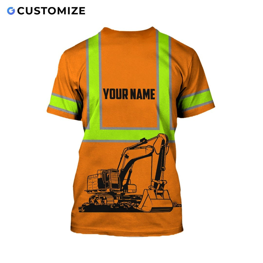 Personalized excavator operator t-shirt featuring orange american flag excavator all-over print, back view