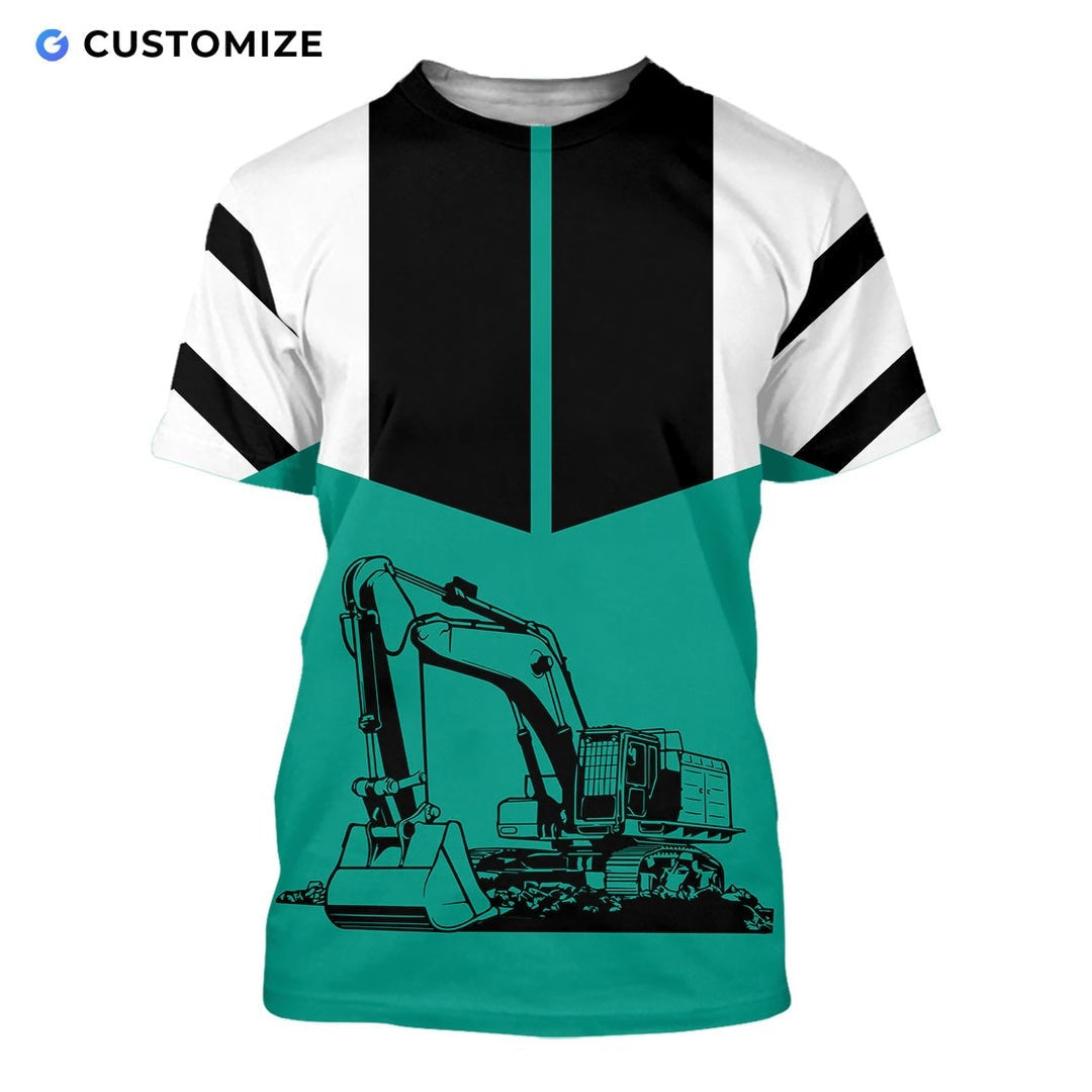 Personalized excavator operator t-shirt featuring teal black excavator all-over print, short-sleeve design