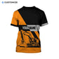 Personalized excavator operator t-shirt featuring orange black white excavator stripes all-over print, back view