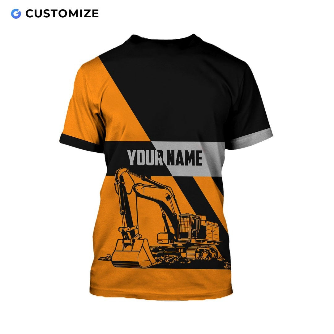 Personalized excavator operator t-shirt featuring orange black white excavator stripes all-over print, back view