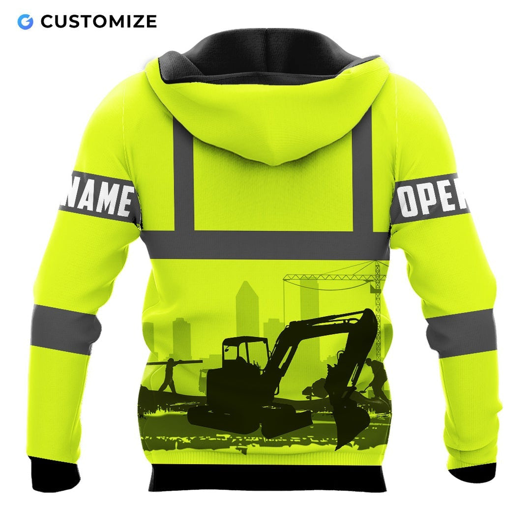 Personalized excavator operator hoodie featuring yellow grey stripe excavator silhouette all-over print, back view
