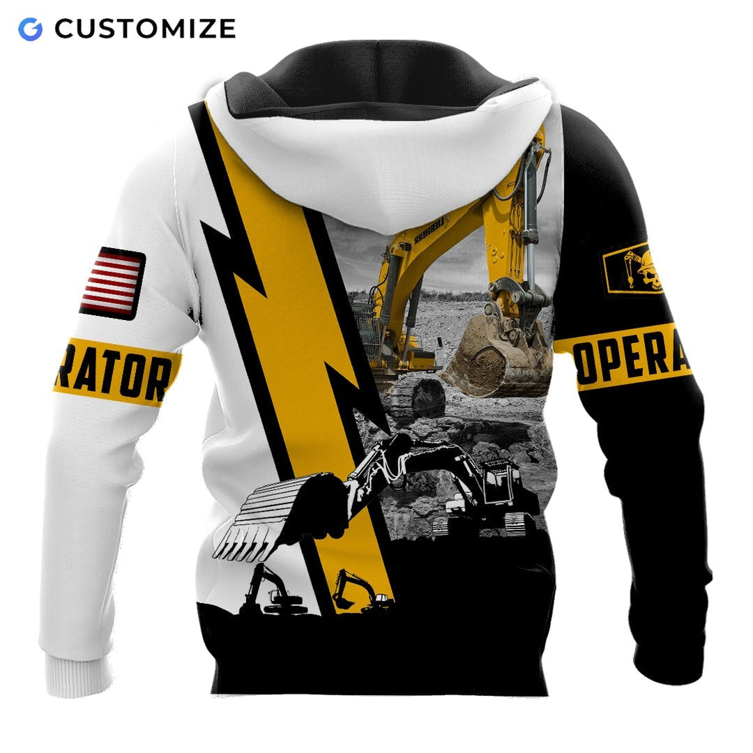 Personalized excavator operator hoodie featuring white black yellow excavator panel all-over print, back view
