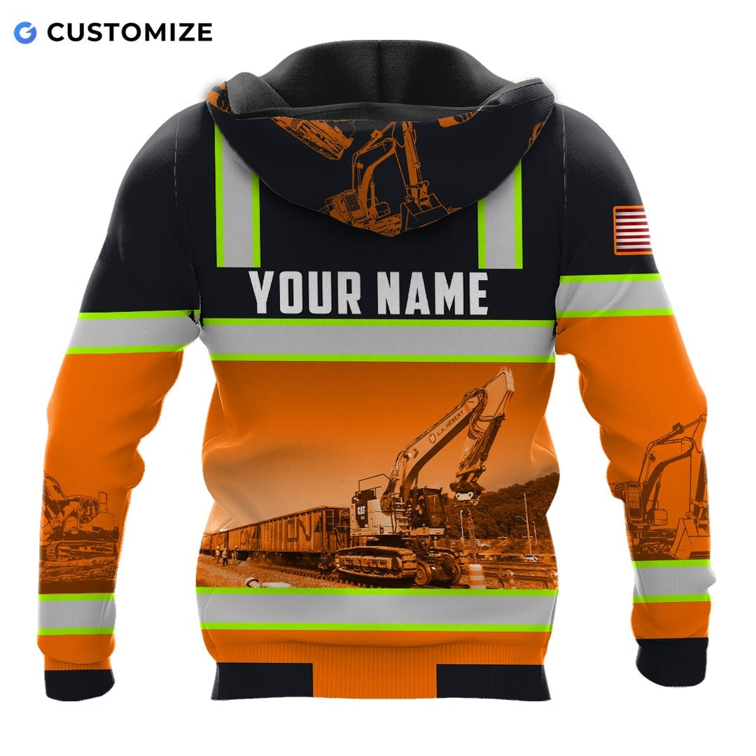 Personalized excavator operator hoodie featuring black orange excavator work scene all-over print, back view