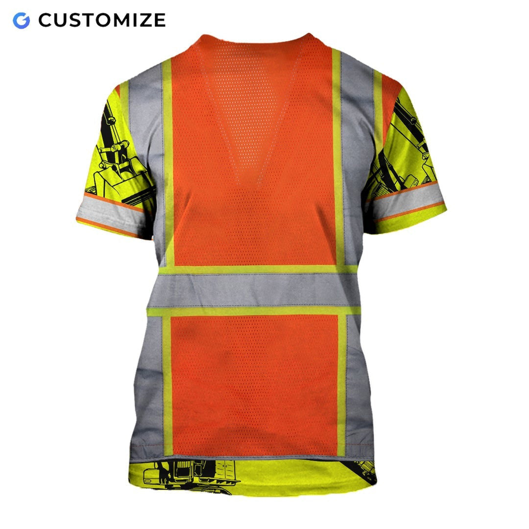 Personalized excavator operator t-shirt featuring orange vest print excavator sleeves all-over print, back view