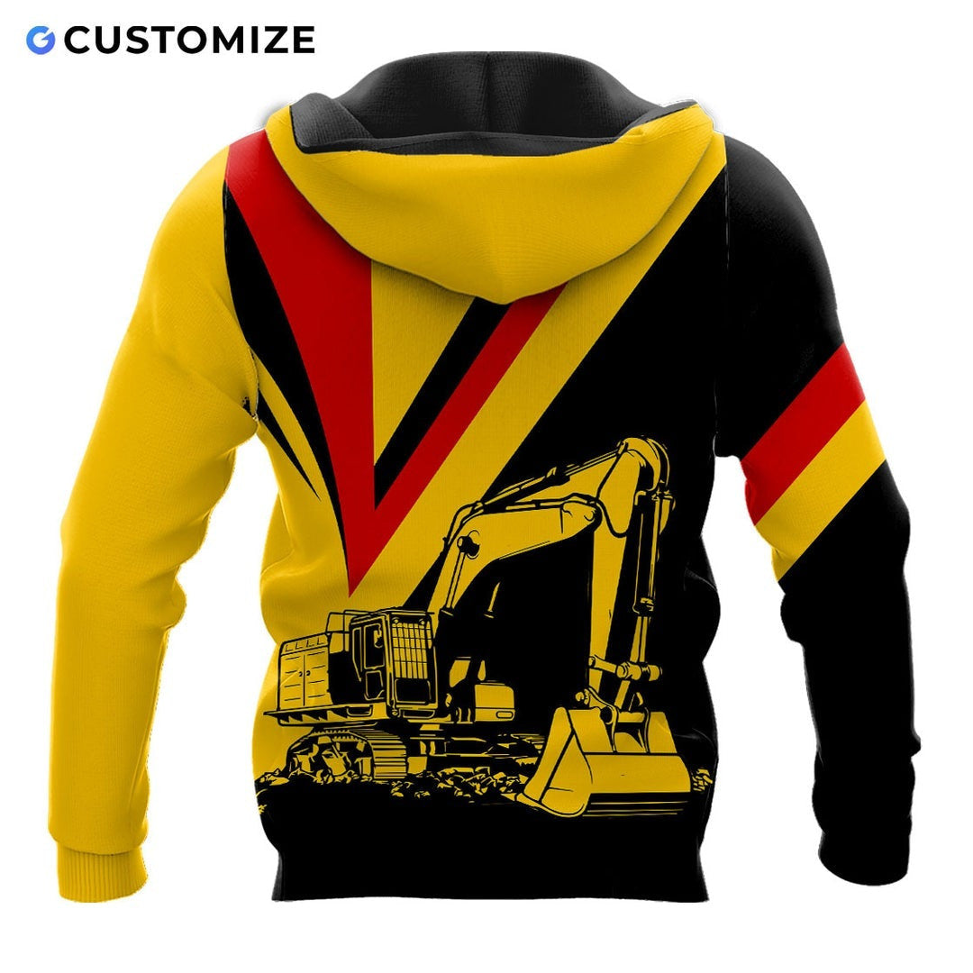 Personalized excavator operator hoodie featuring yellow red black excavator all-over print, back view