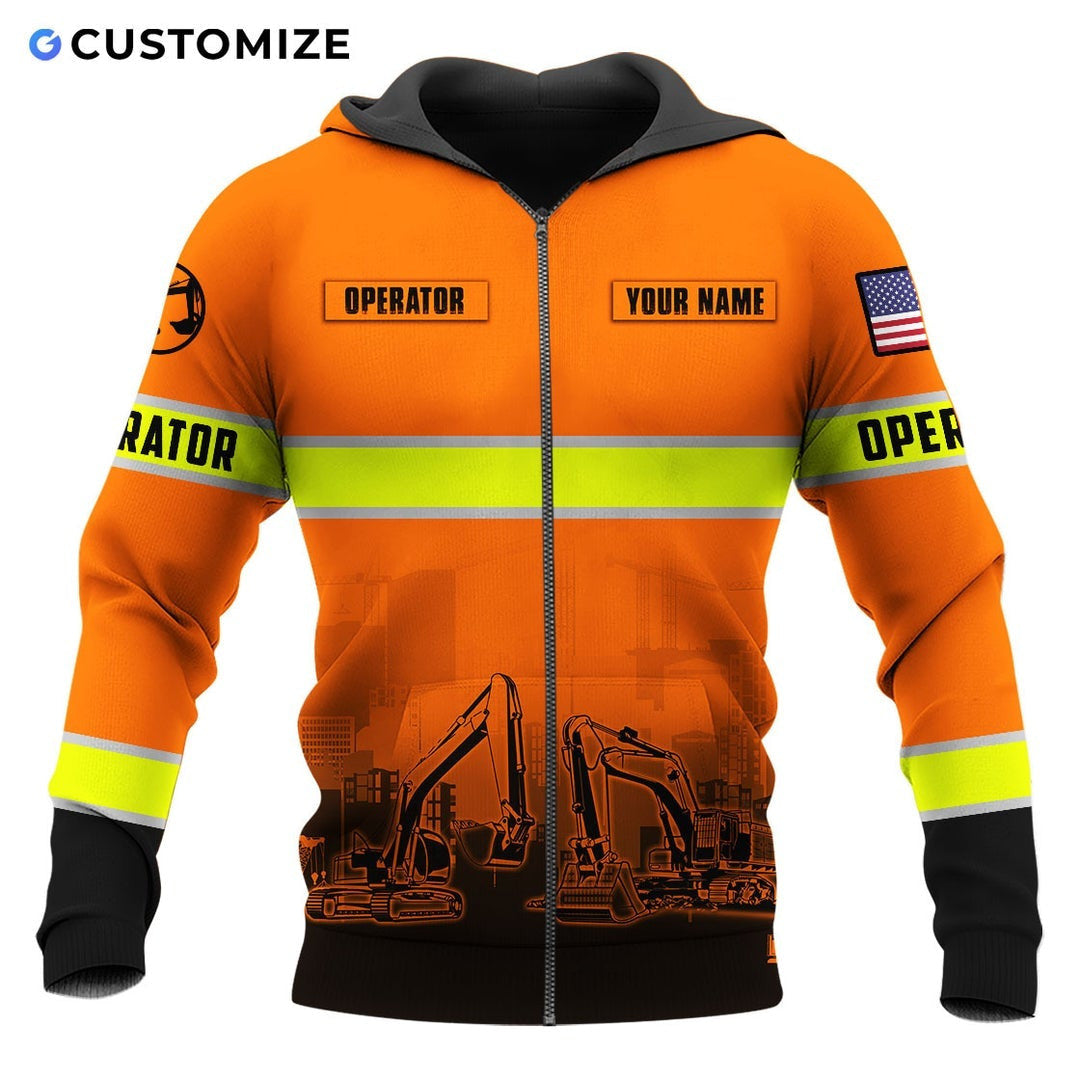 Personalized excavator operator zip hoodie featuring orange stripe print excavator fleet all-over print, zip-front design