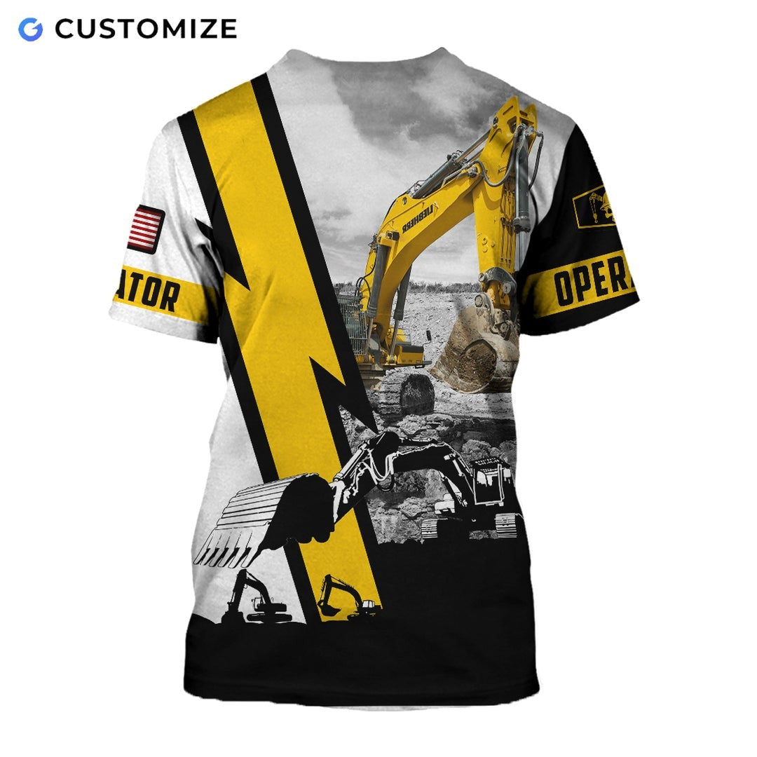 Personalized excavator operator t-shirt featuring white black yellow excavator panel all-over print, back view