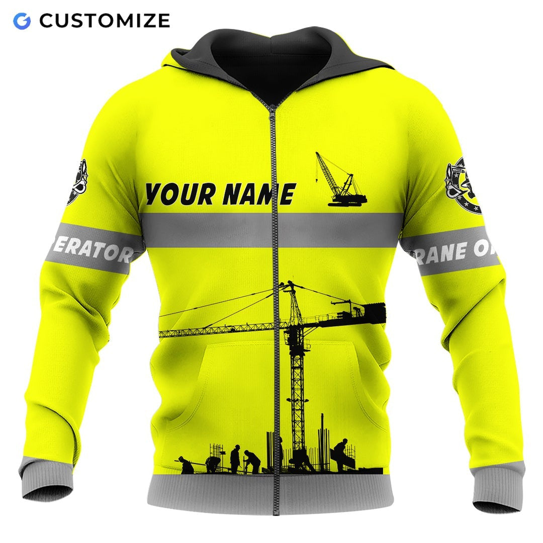 Personalized crane operator zip hoodie featuring yellow crane print all-over print, zip-front design