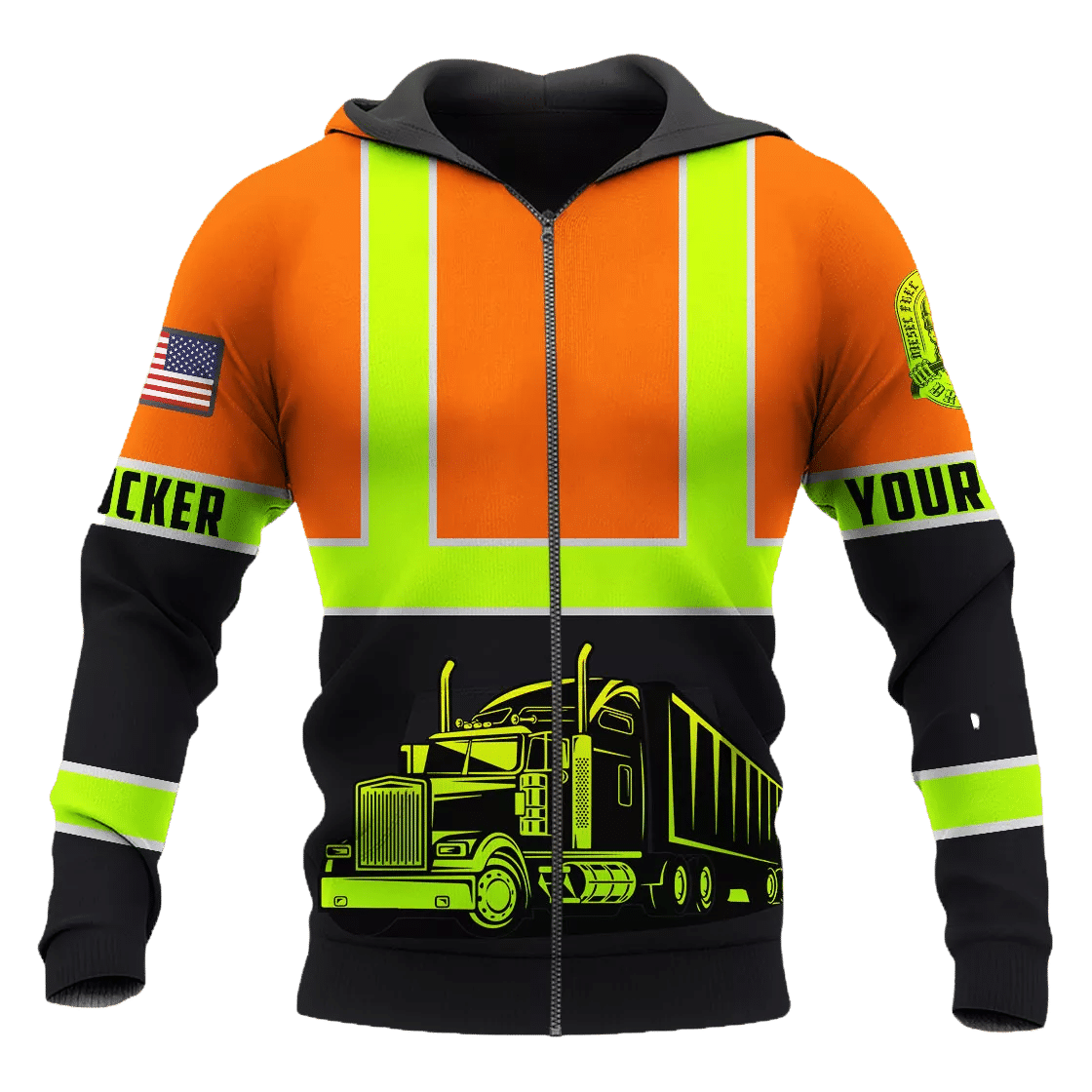 Personalized trucker zip hoodie featuring orange black stripe semi truck all-over print, zip-front design