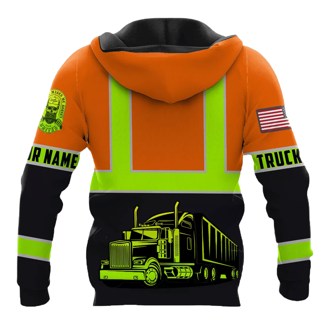 Personalized trucker hoodie featuring orange black stripe semi truck all-over print, back view