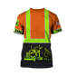 Personalized trucker t-shirt featuring orange black stripe semi truck all-over print, back view