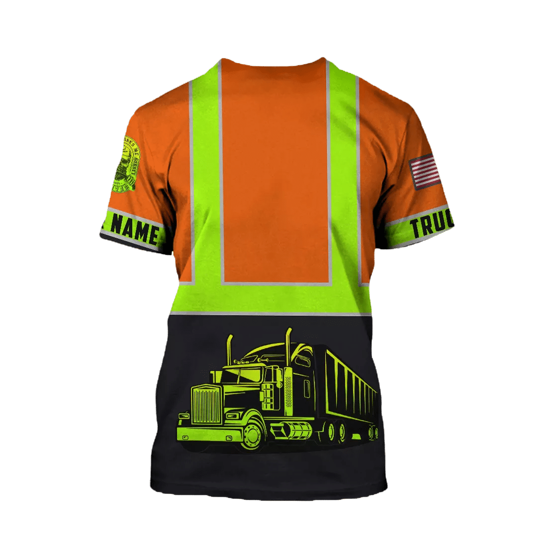 Personalized trucker t-shirt featuring orange black stripe semi truck all-over print, back view