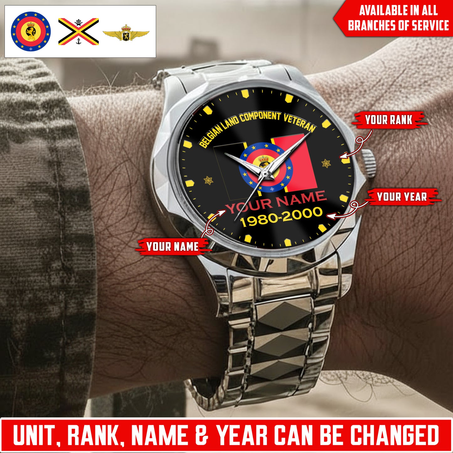 Personalized Belgium Soldier/Veteran with Name, Year and Rank Diamond-Cut Bezel Watch - 17622144