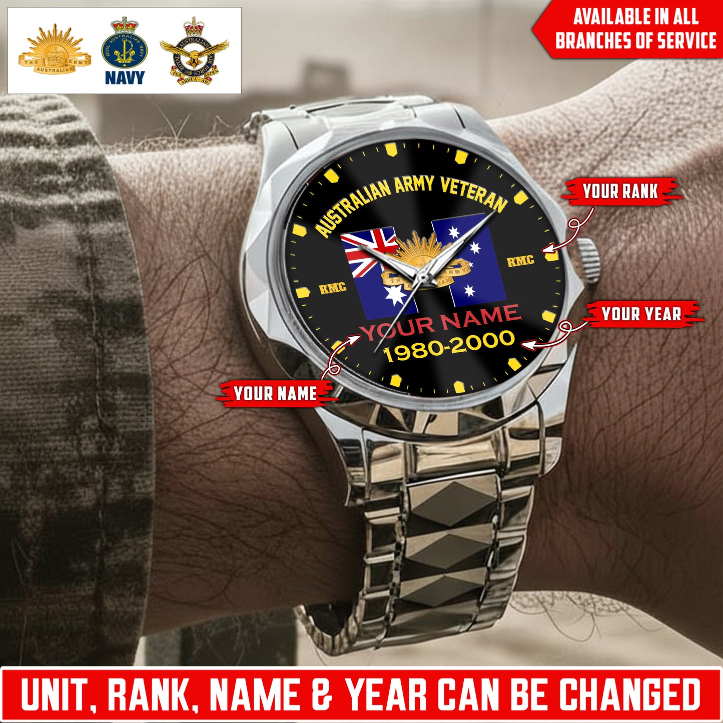 Personalized Australia Soldier/Veteran with Name, Year and Rank Diamond-Cut Bezel Watch - 17622144