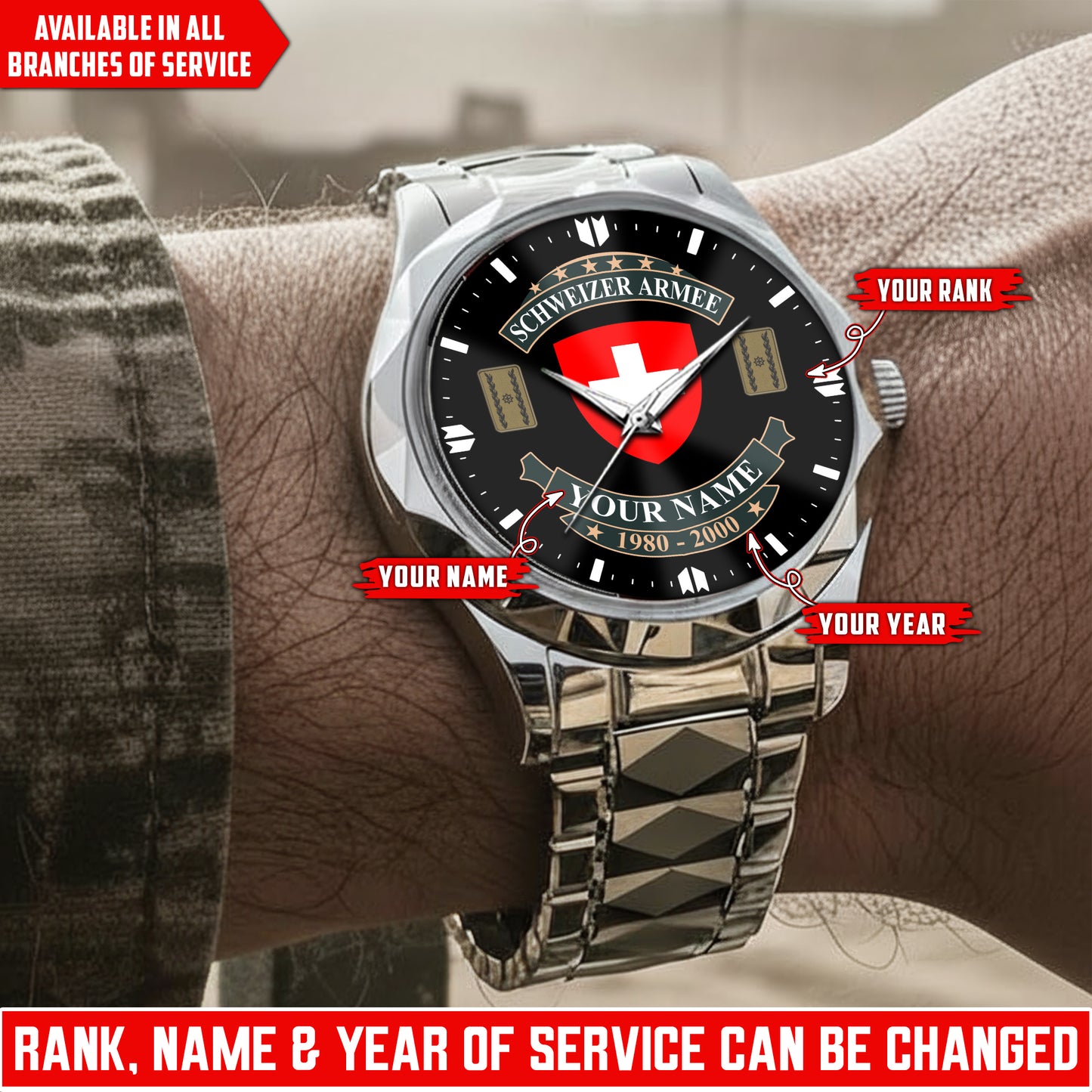 Personalized Swiss Soldier/Veteran with Name and Rank Diamond-Cut Bezel Watch - 1761350401