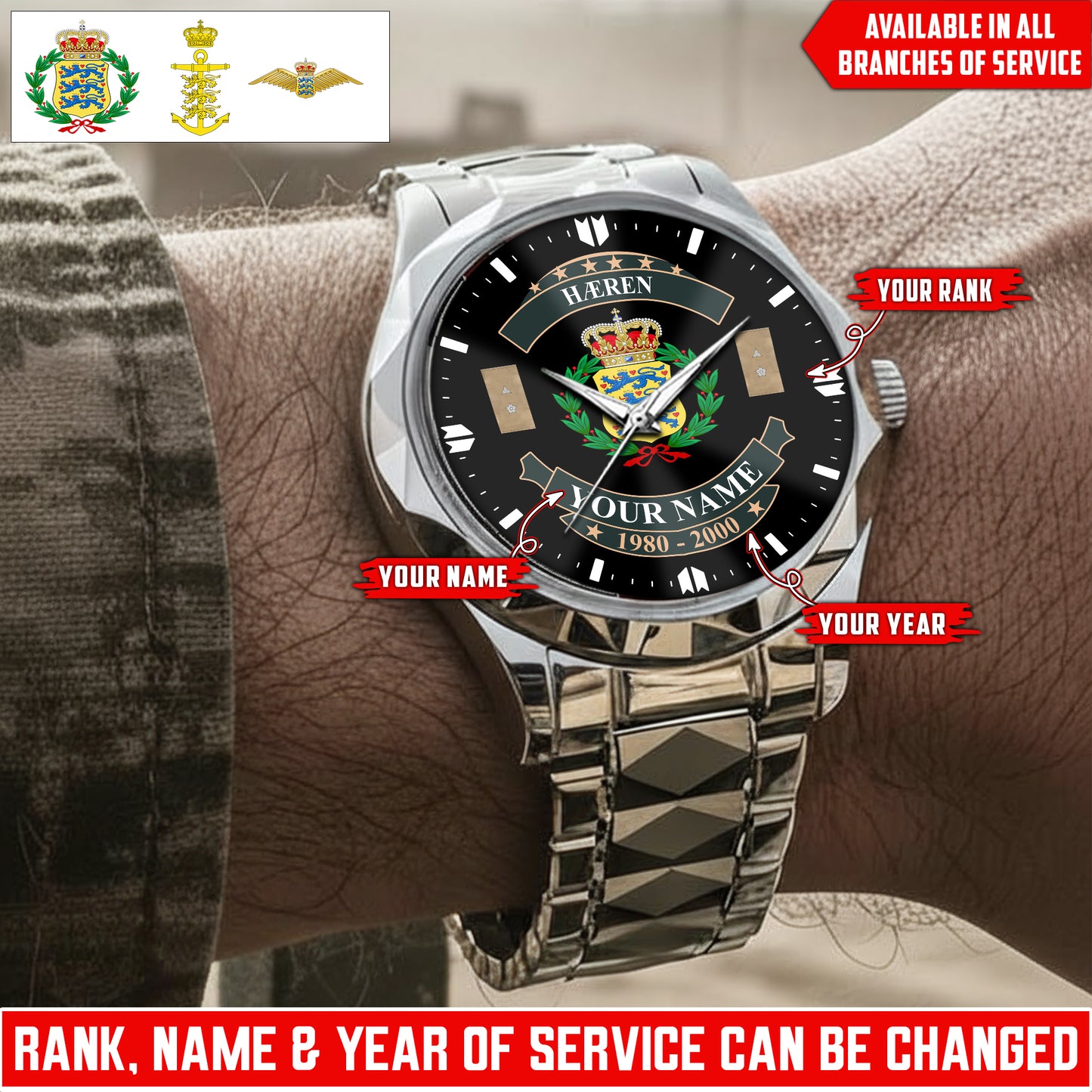 Personalized Denmark Soldier/Veteran with Name and Rank Diamond-Cut Bezel Watch - 1761350401