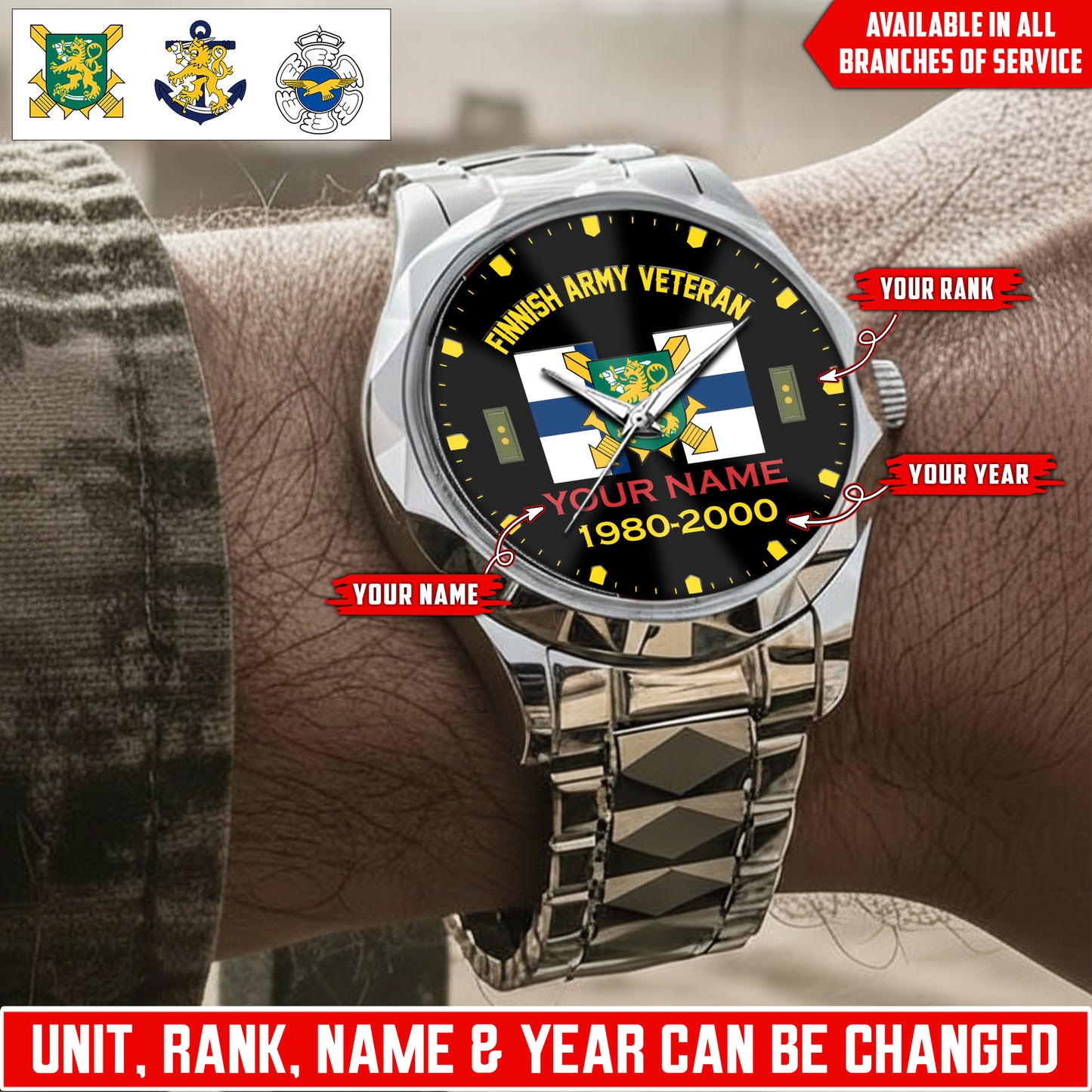 Personalized Finland Soldier/Veteran with Name, Year and Rank Diamond-Cut Bezel Watch - 17622144