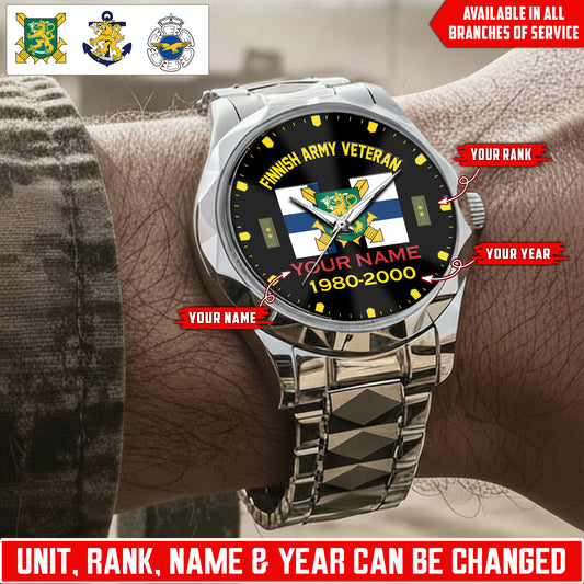 Personalized Finland Soldier/Veteran with Name, Year and Rank Diamond-Cut Bezel Watch - 17622144