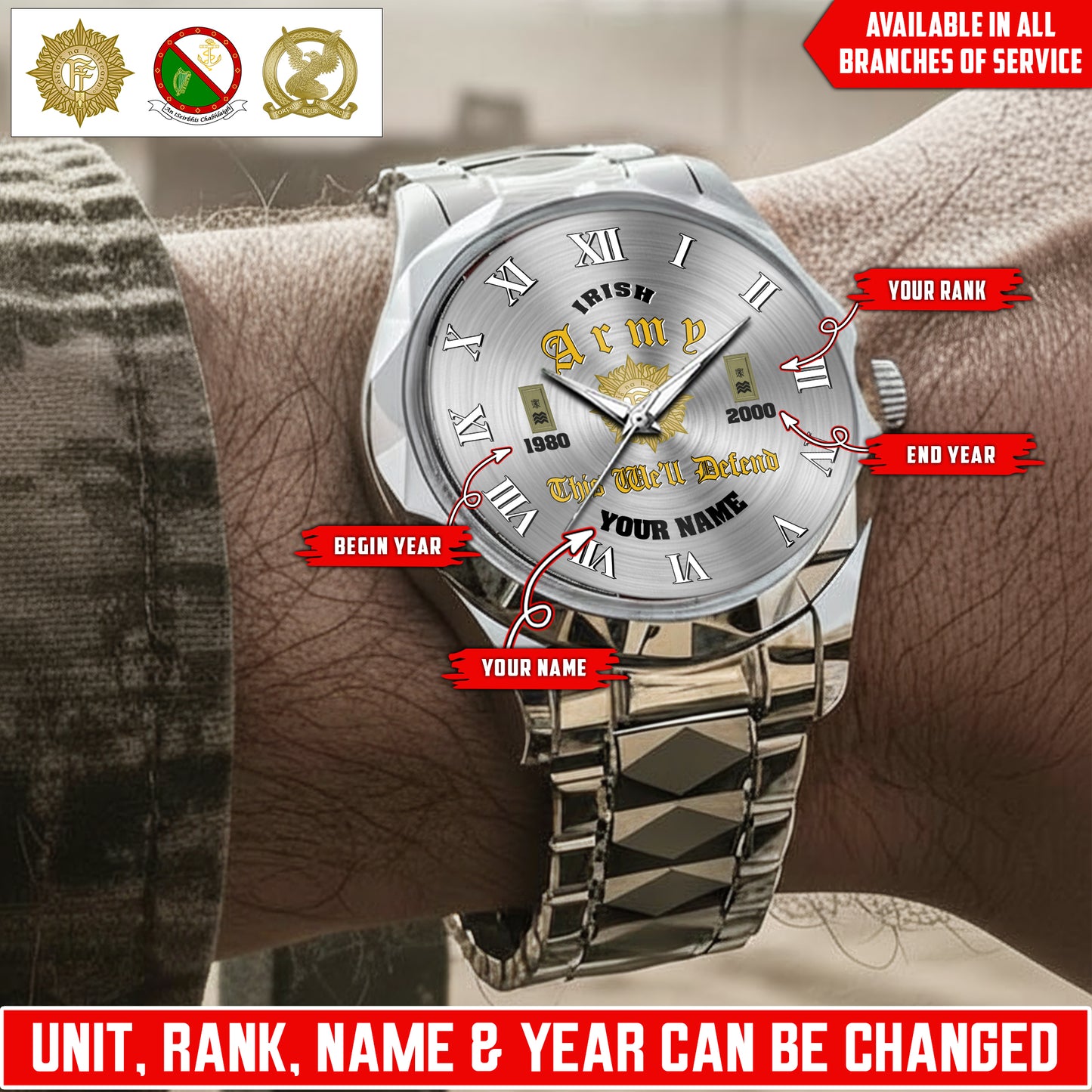 Personalized Ireland Soldier/Veteran with Name, Year and Rank Diamond-Cut Bezel Watch - 17623008