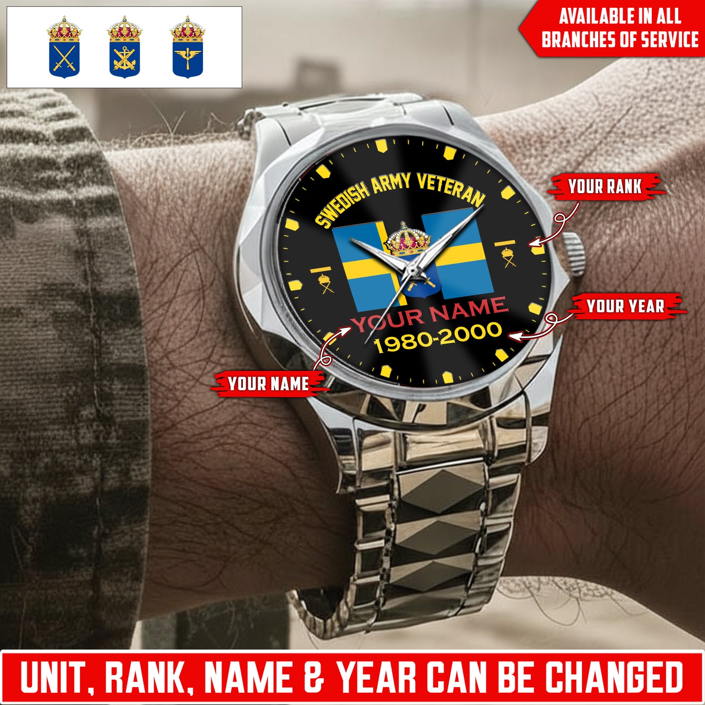 Personalized Sweden Soldier/Veteran with Name, Year and Rank Diamond-Cut Bezel Watch - 17622144