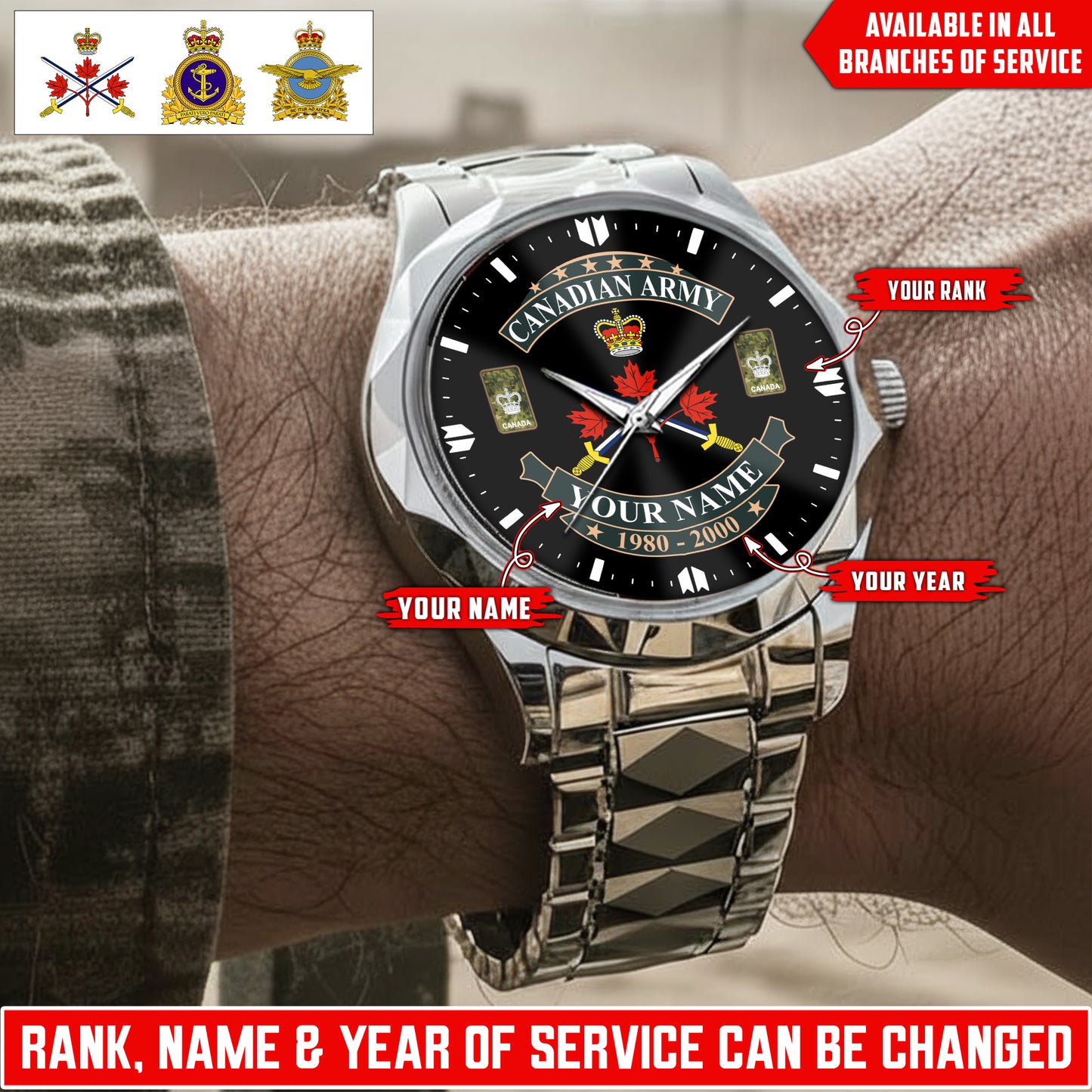 Personalized Canada Soldier/Veteran with Name and Rank Diamond-Cut Bezel Watch - 1761350401