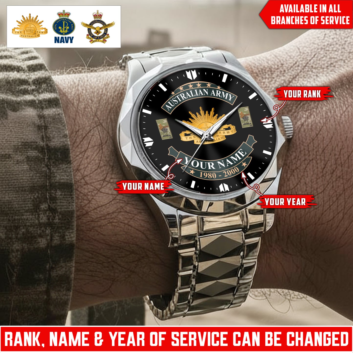 Personalized Australia Soldier/Veteran with Name and Rank Diamond-Cut Bezel Watch - 1761350401