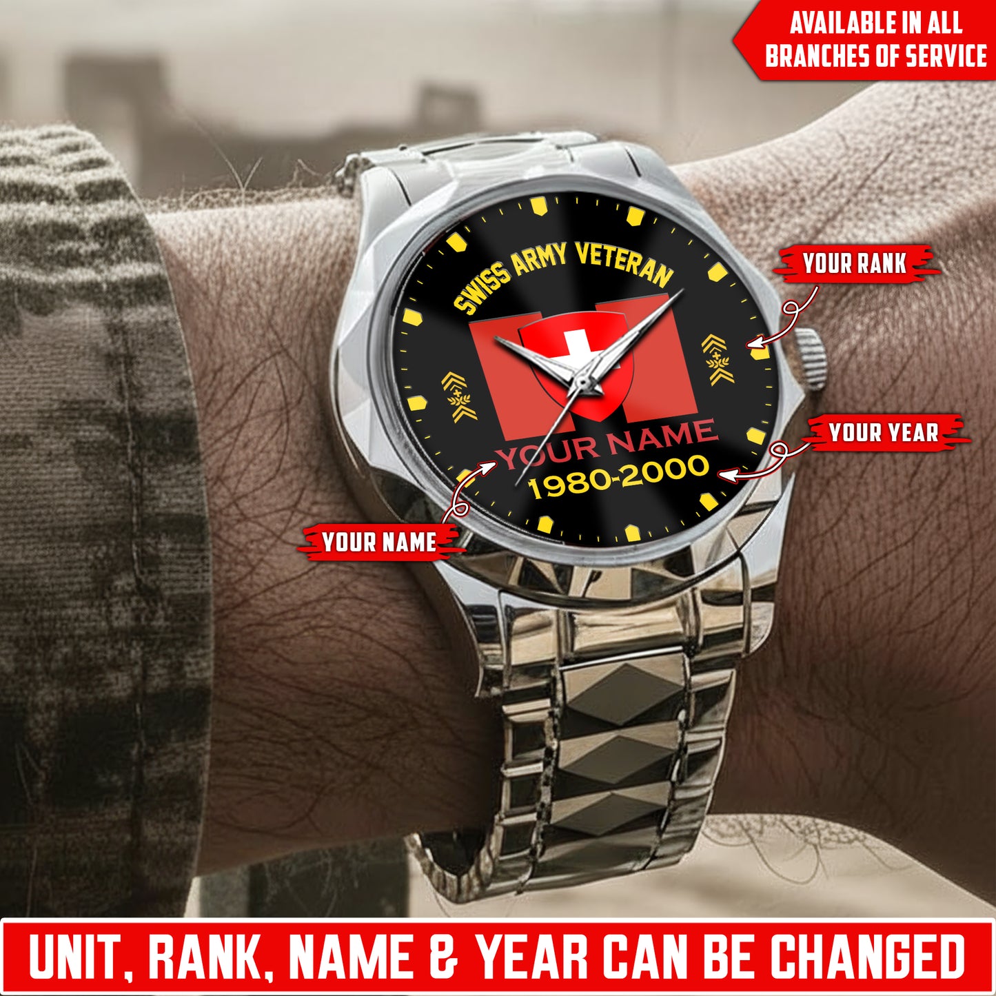 Personalized Swiss Soldier/Veteran with Name, Year and Rank Diamond-Cut Bezel Watch - 17622144