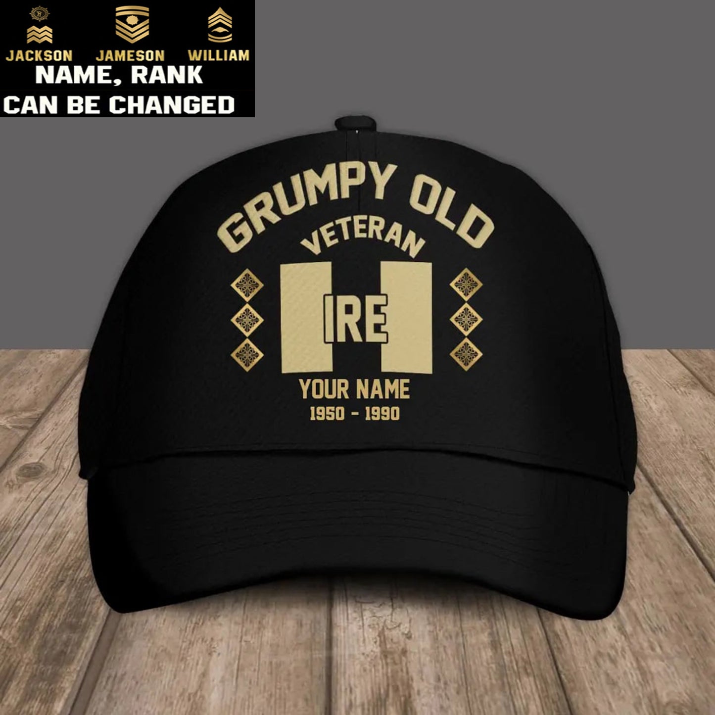 Casquette de baseball camouflage personnalisée avec rang et nom pour soldat/ancien combattant irlandais Grumpy Veteran - 1309230001