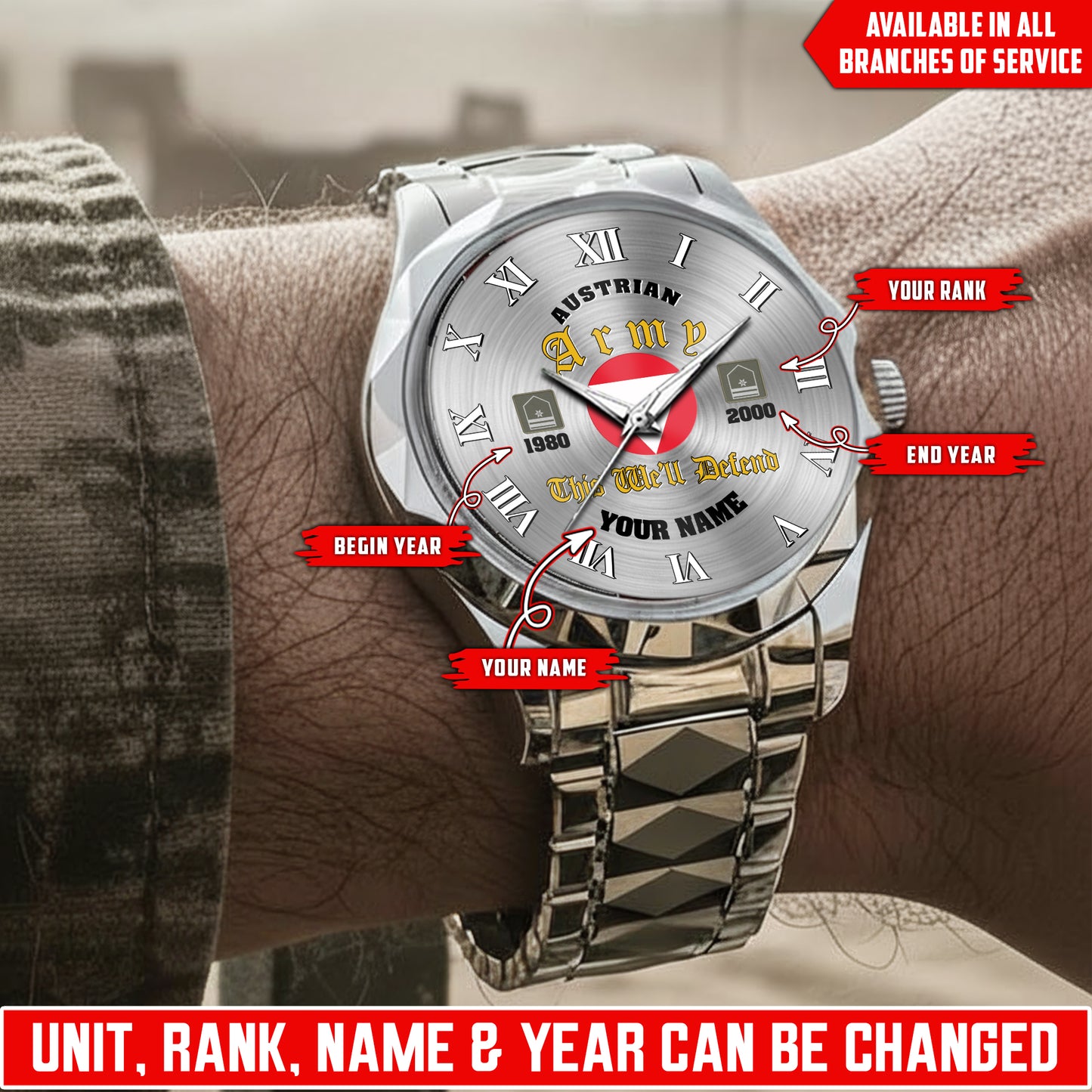 Personalized Austria Soldier/Veteran with Name, Year and Rank Diamond-Cut Bezel Watch - 17623008