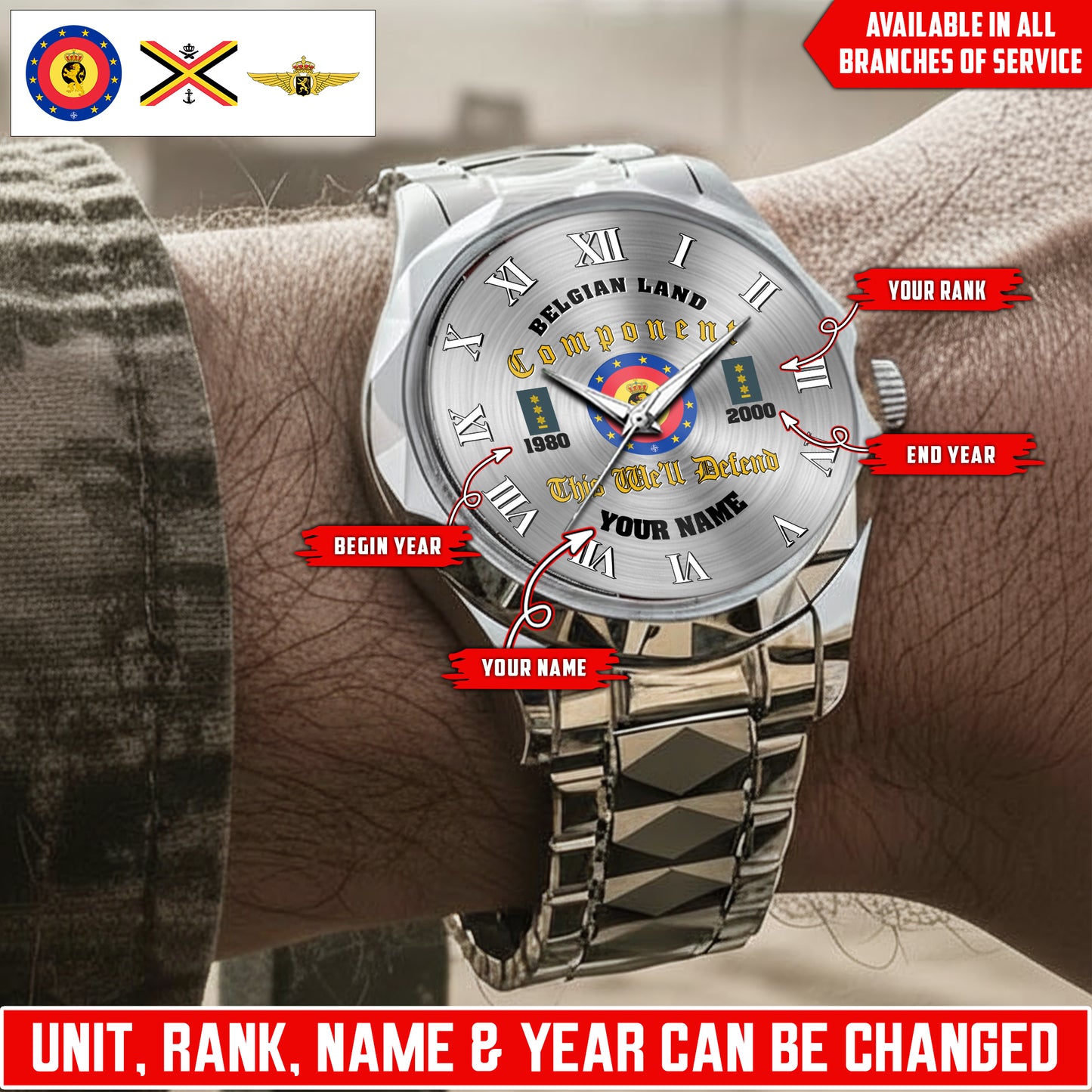 Personalized Belgium Soldier/Veteran with Name, Year and Rank Diamond-Cut Bezel Watch - 17623008