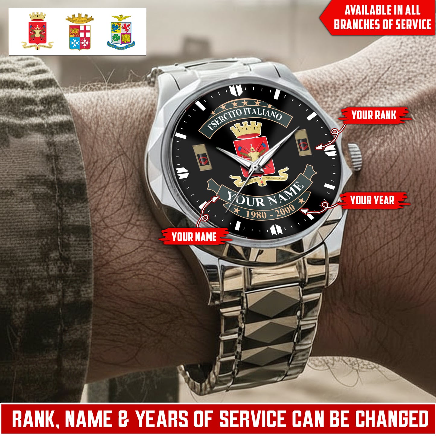 Personalized Italy Soldier/Veteran with Name and Rank Diamond-Cut Bezel Watch - 1761350401