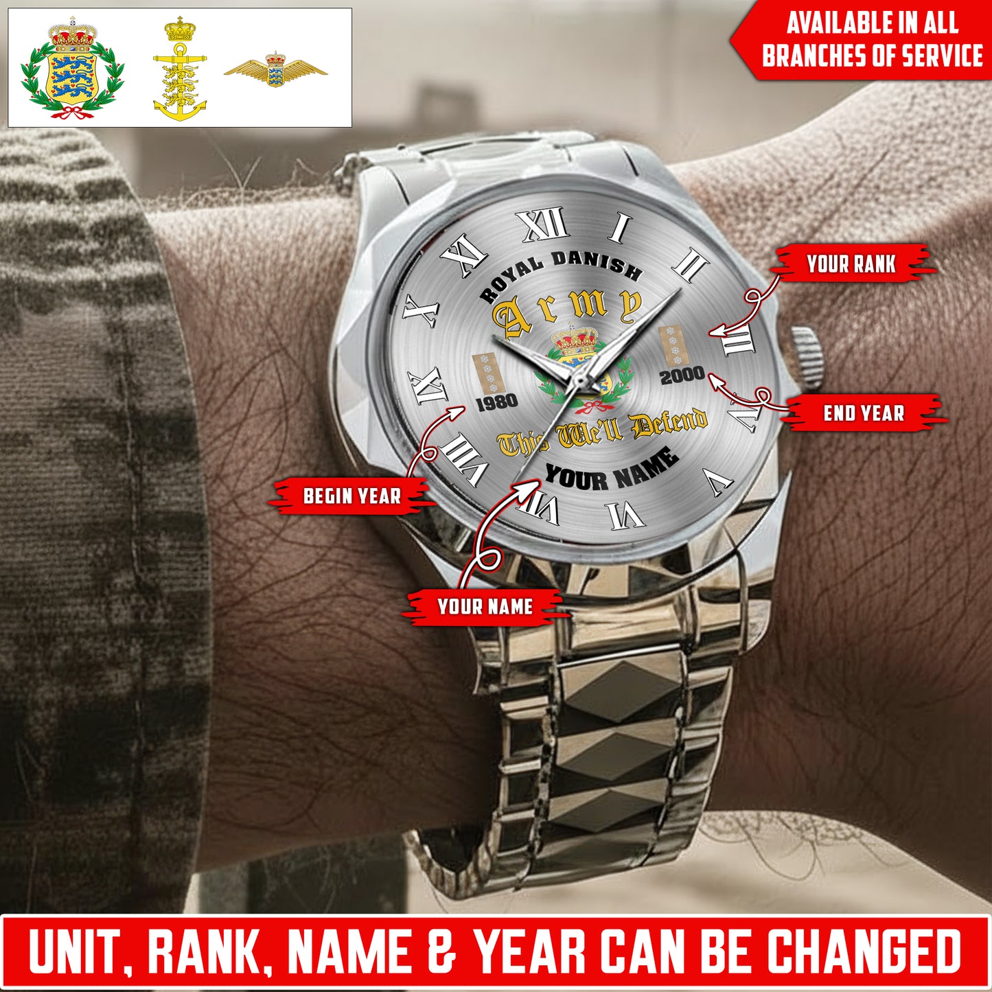 Personalized Denmark Soldier/Veteran with Name, Year and Rank Diamond-Cut Bezel Watch - 17623008