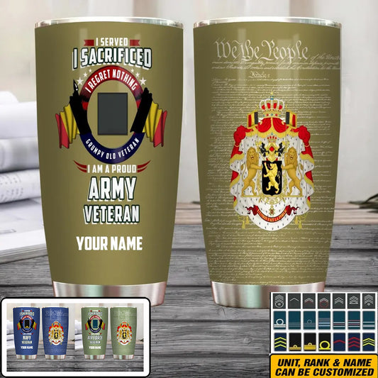 Personalized Belgium Veteran/ Soldier With Rank And Name Camo Tumbler Gold Flag - 2202240001