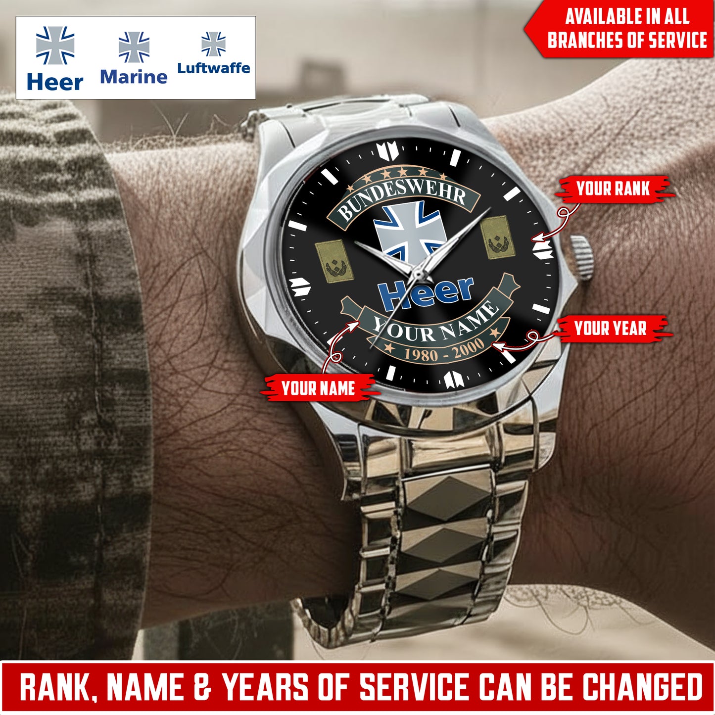 Personalized Germany Soldier/Veteran with Name and Rank Diamond-Cut Bezel Watch - 1761350401