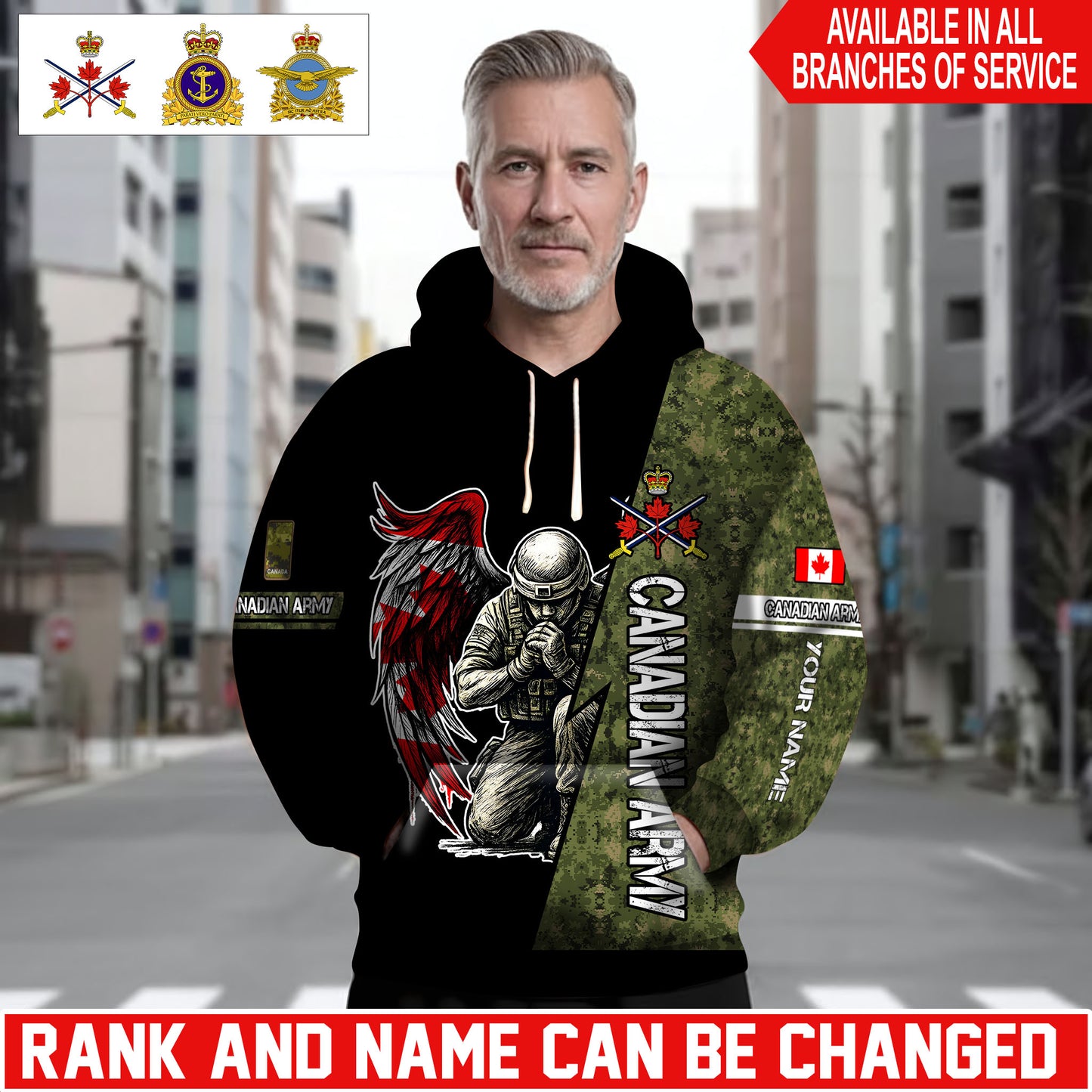 Personalized Canada Soldier/Veteran Camo with Name and Rank Hoodie Sweater All Over Printed - 1762905603