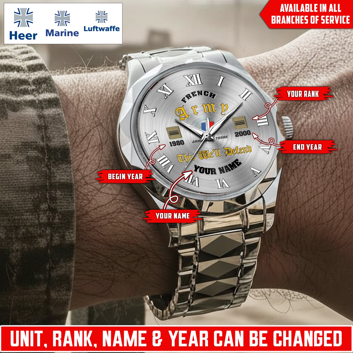 Personalized Germany Soldier/Veteran with Name, Year and Rank Diamond-Cut Bezel Watch - 17623008