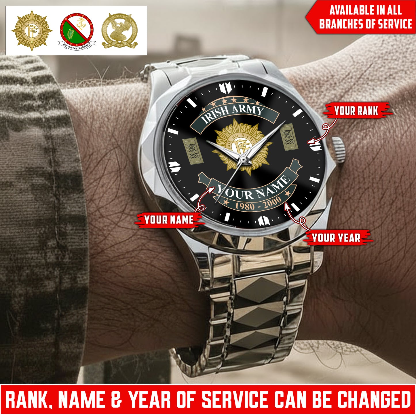 Personalized Ireland Soldier/Veteran with Name and Rank Diamond-Cut Bezel Watch - 1761350401