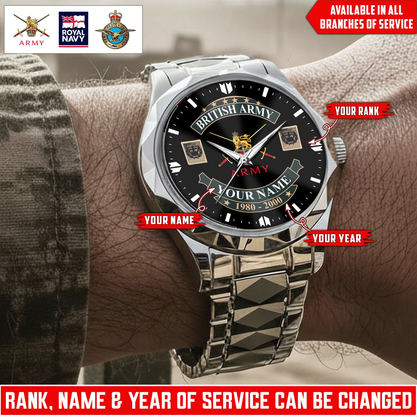 Personalized UK Soldier/Veteran with Name and Rank Diamond-Cut Bezel Watch - 1761350401